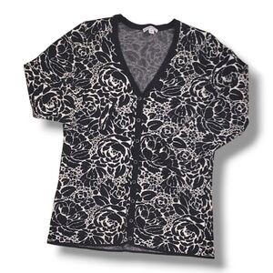 Isaac Mizrahi Live! Black And White Floral Button Cardigan Sweater - Size Medium